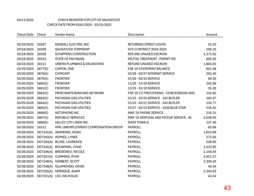 Page 43 of the packet; its text follows